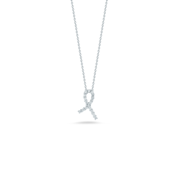 A white gold diamond hope ribbon necklace on a white background