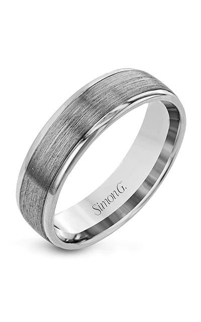 A platinum polished ring by Simon G on a white background