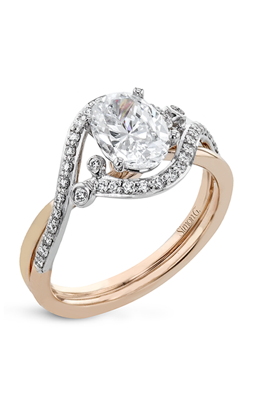 Simon G rose gold and white gold halo engagement ring with oval cut diamond center stone.