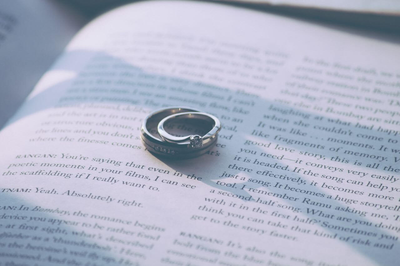 two wedding bands sitting inside a book