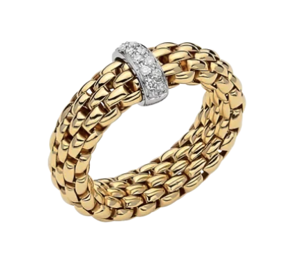 a yellow gold mesh fashion ring with diamonds