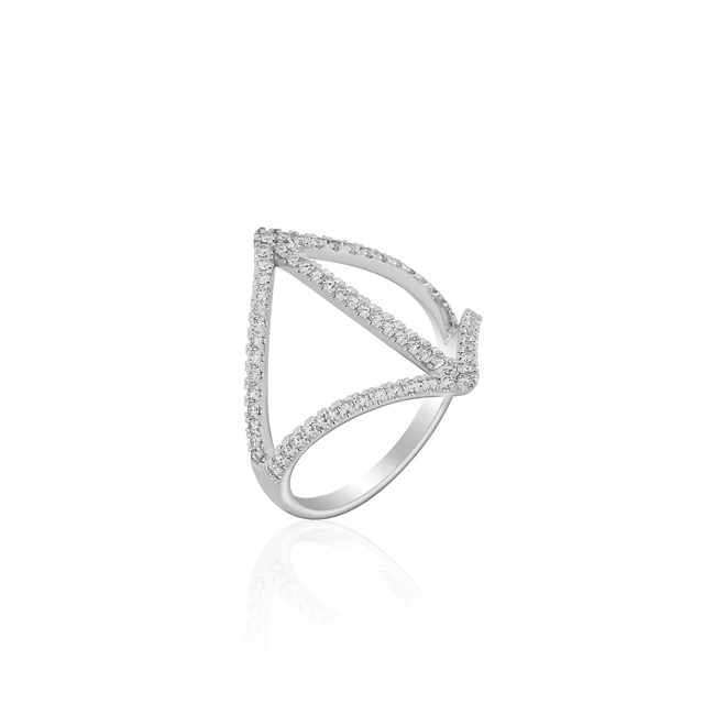 A white gold ring with a modern, geometric design featuring an open triangle encrusted with small, sparkling diamonds.