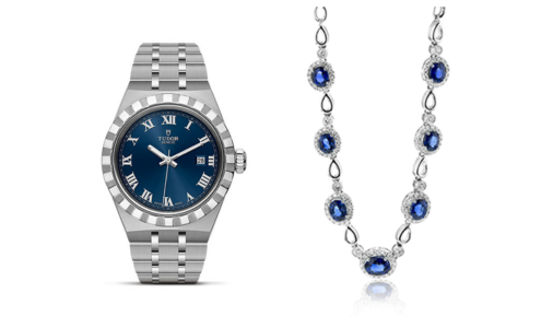A white gold Simon G necklace with sapphire and diamond accents alongside a complimentary TUDOR Royal watch, both available at Exclusively Diamonds.