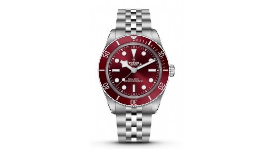 A stainless steel watch with a red dial and matching bezel, available at Exclusively Diamonds.