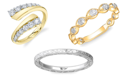 A selection of three ladies’ wedding bands from Shy Creation, Martin Flyer, and the Exclusively Signature Collection, all available at Exclusively Diamonds.