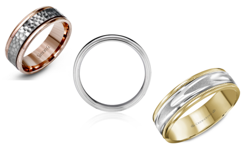 A selection of three mens’ wedding bands from A.JAFFE, Simon G., and CrownRing, all available at Exclusively Diamonds.
