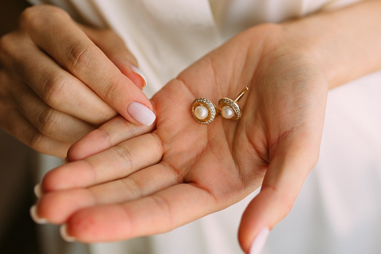 A woman’s hand holding a pair of pearl earrings in a yellow gold setting